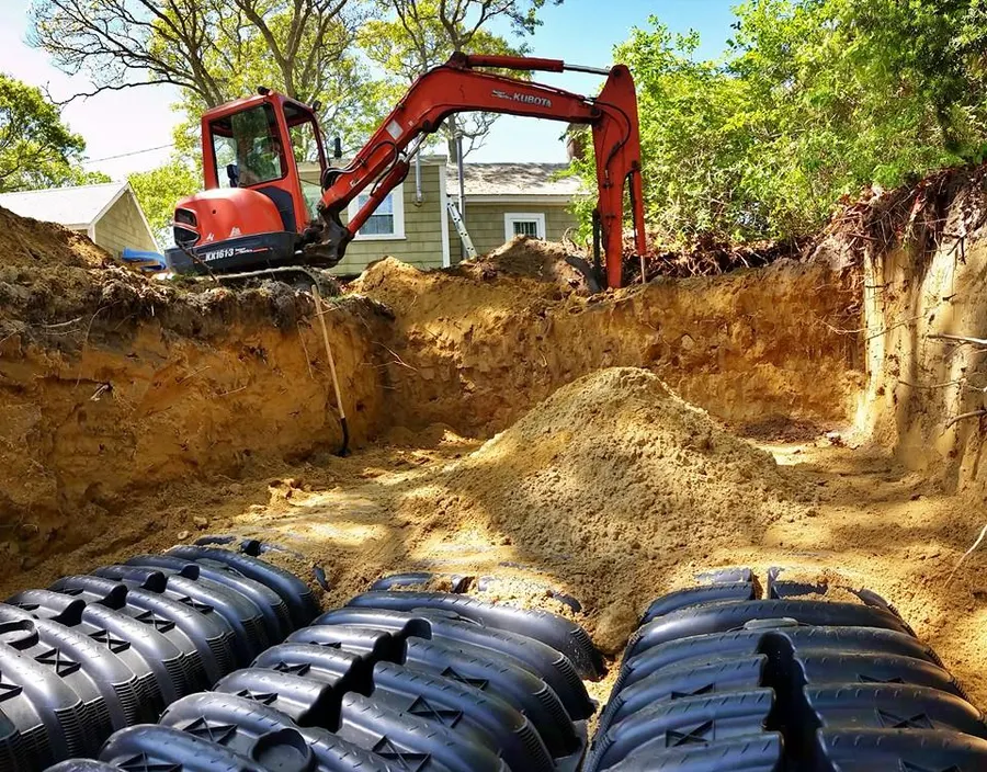 Septic leaching chambers set in the excavation